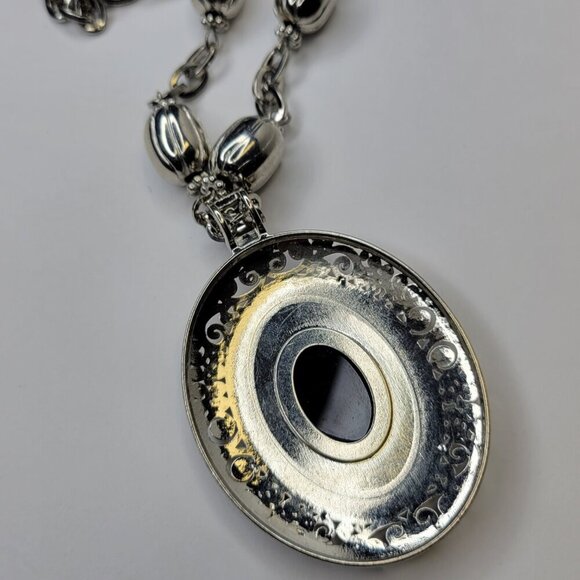 Black and Silver tone Oval Pendant Necklace - Picture 2 of 4